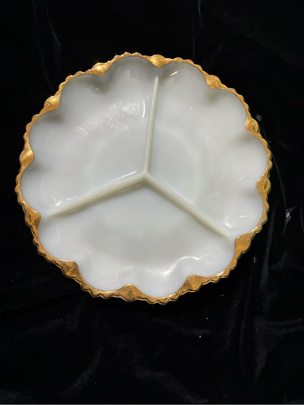 Vintage ANCHOR HOCKING Fire King White 22K Gold Trim Milk Glass Divided Tray 10”